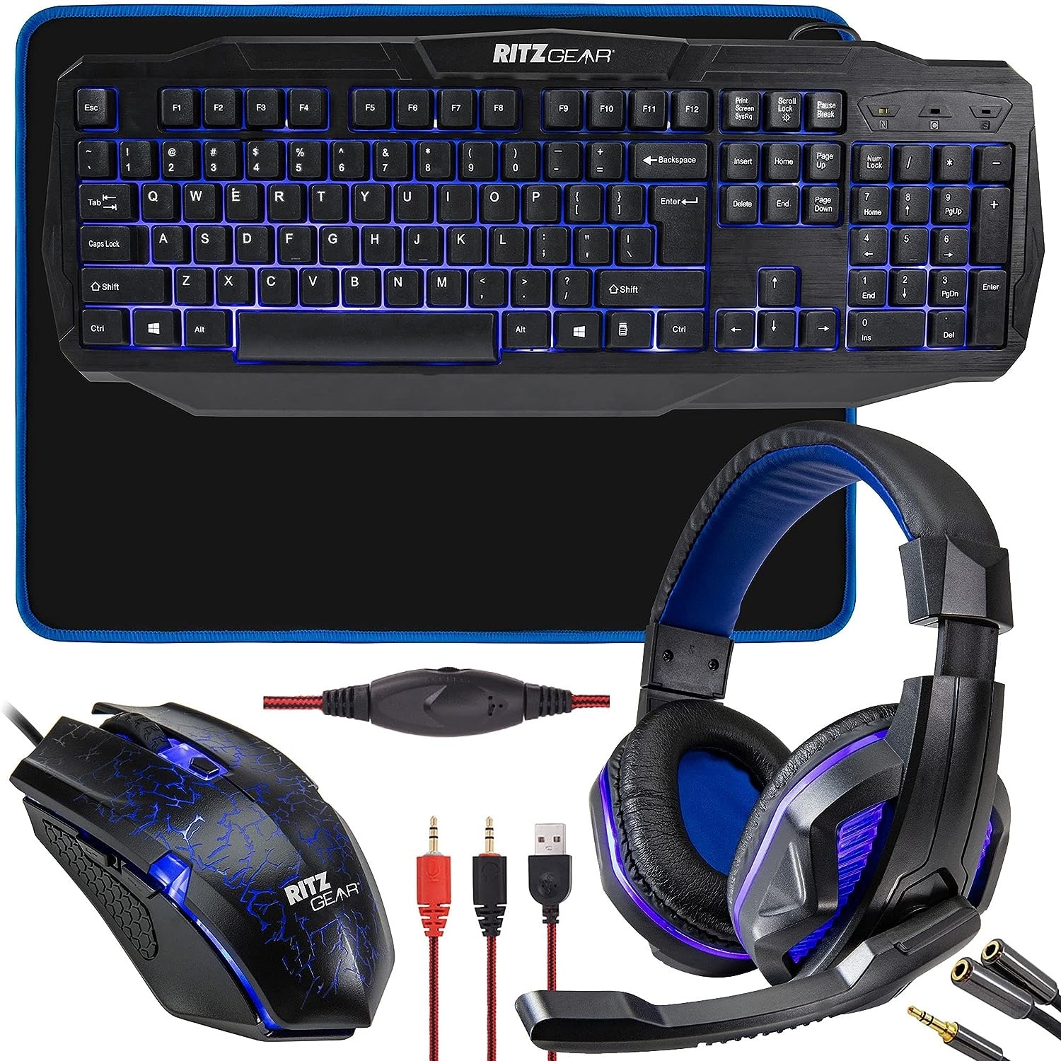Ritz Gear 4-in-1 Blue Gaming Kit with Keyboard, Mouse, Headset and Mouse Pad