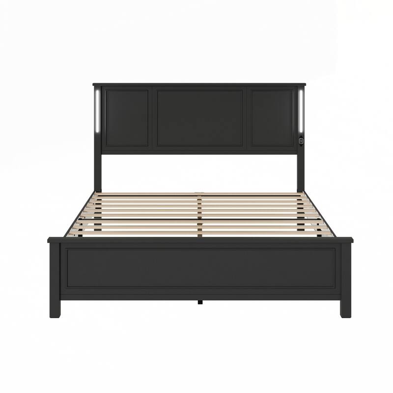 Platform Bed Frame with Wood Headboard and Footboard,Charging Station and LED Lights