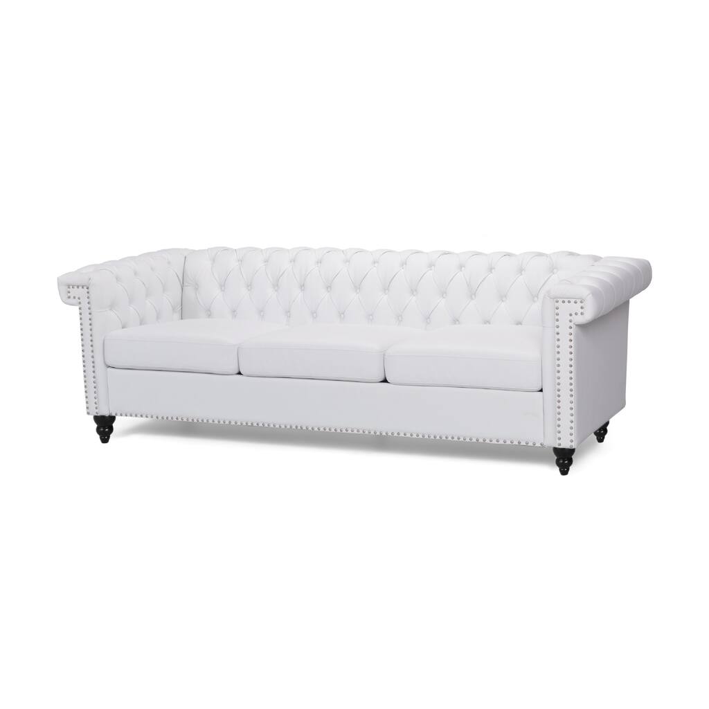 Chis Sofa, Deep Chesterfield Tufted White Faux Leather, 83 Inch