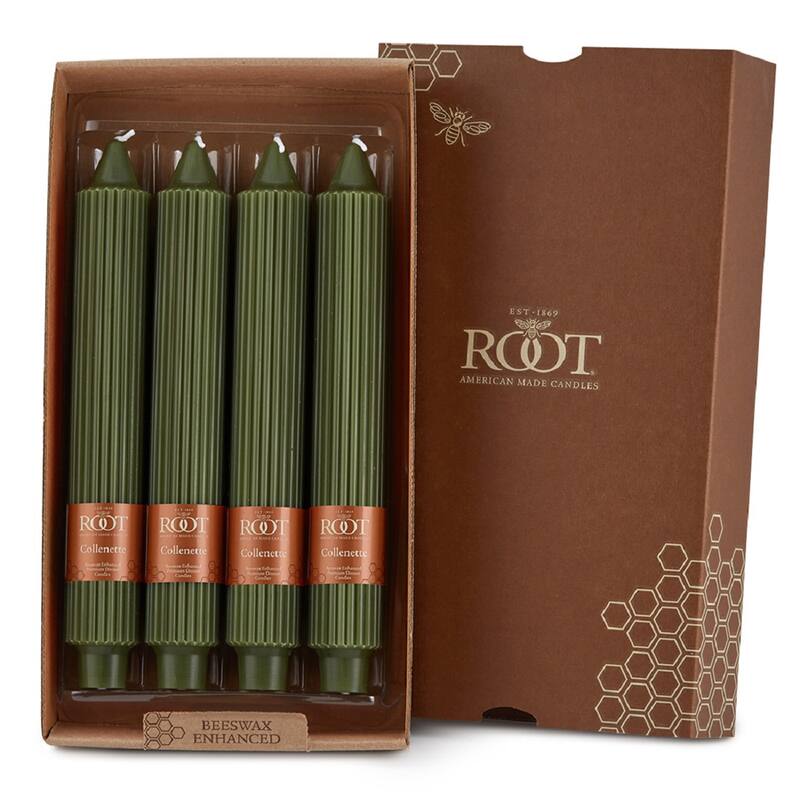 Root Unscented Grecian Collenette Taper Candles box of 4 - 9 X 1-1/4 - Dark Olive