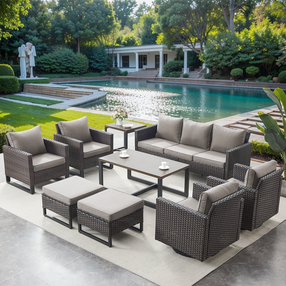 9 Pieces Patio Sofa, Swivel Chair, Club Chair Table Set