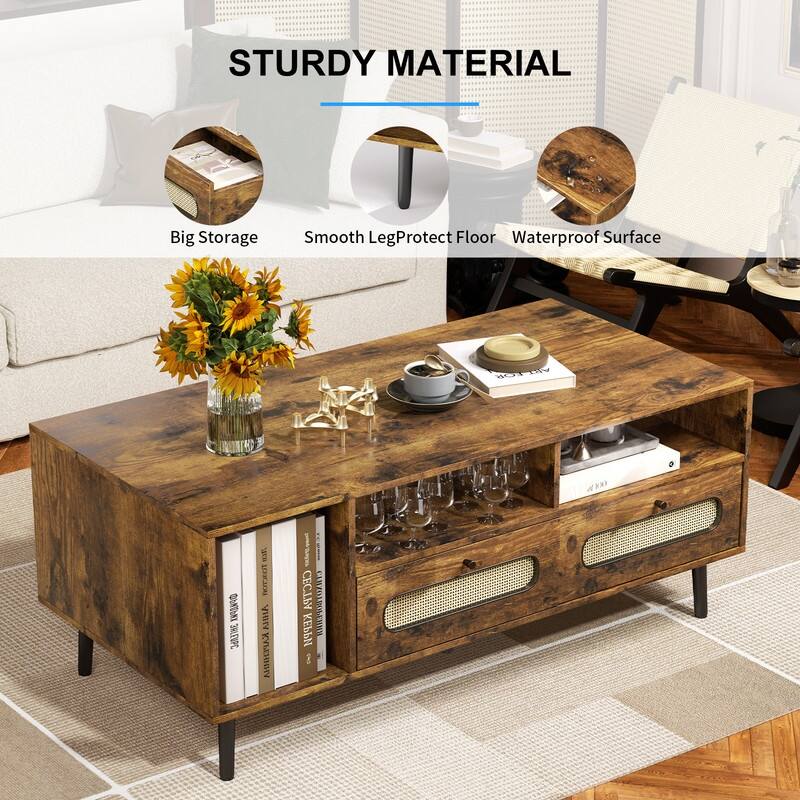 Mixoy Coffee Table, Mid Century Modern Coffee Table with 3 Open Shelves and 2 Storage Cabinets for Living Room - 47in*24in*20in
