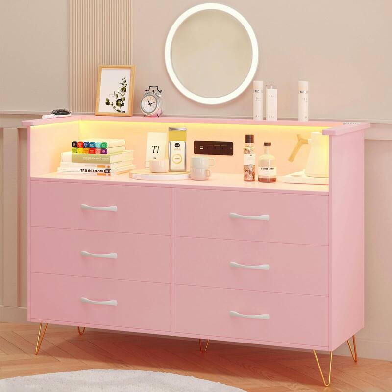 6-Drawer Dresser for Bedroom with LED Lights & Charging Station, Wood Storage Chest with Steel Frame - Pink