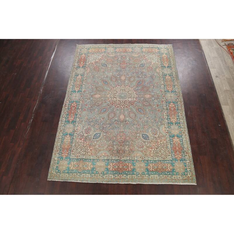 Distressed Floral Tabriz Persian Area Rug Hand-knotted Wool Carpet - 7'9" x 10'8"
