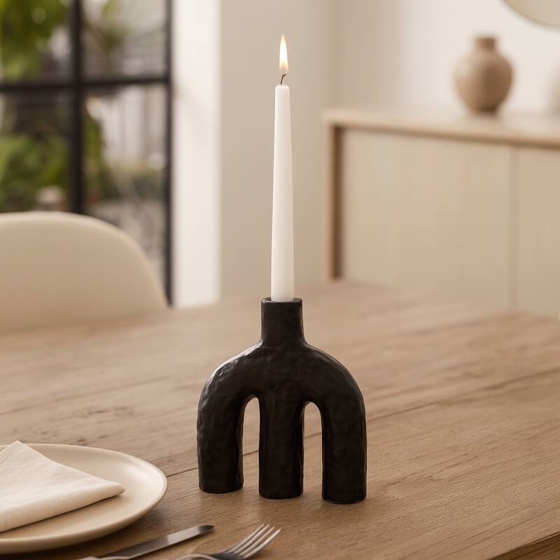 Textured Creamic Taper Candle Holder with Double Arched - Black