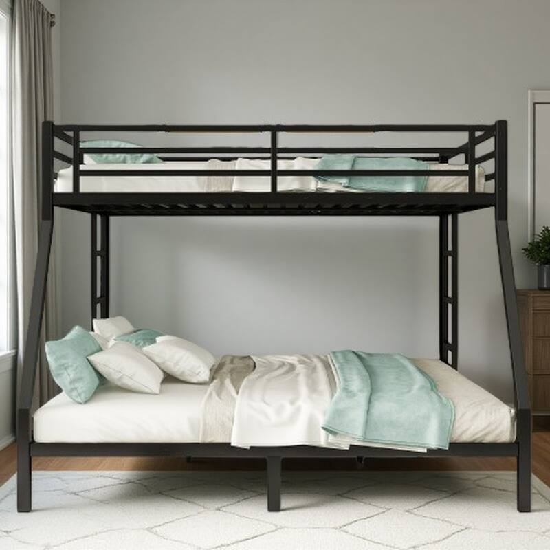Queen Over King Metal Bunk Bed with Dual Ladders, Underbed Storage, and Noise-Free Design, Heavy-Duty Frame - Black
