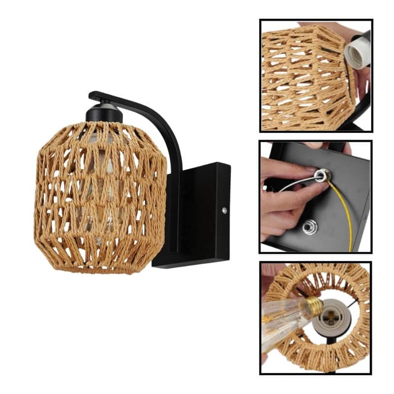 1 Pack bulb light black wall sconces rattan wall light