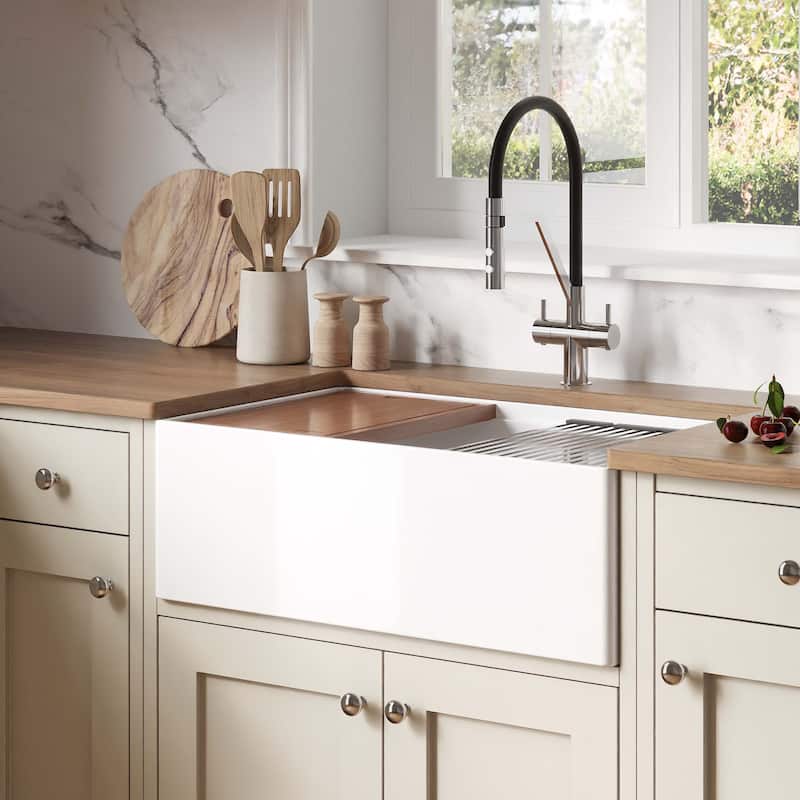 Ruvati 30 inch Fireclay Workstation White Farmhouse Kitchen Sink Apron Front Single Bowl - RVL2182WH - 30 x 18