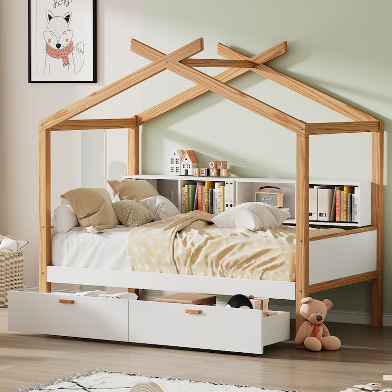 House-shaped Bed Frame for Bedroom Kids Boys Girls Daybed with Side Bookcase, Available with Trundle Bed or Storage Drawers