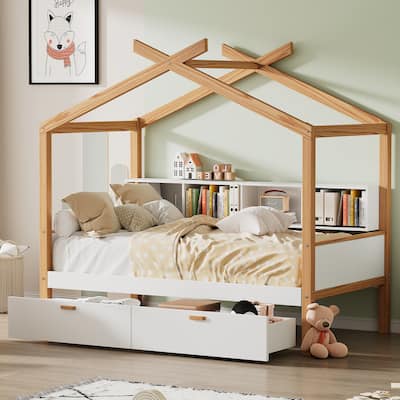 Wooden House Bed with Dual Storage Drawers & Built-in Bookshelf by Harper&Bright Designs