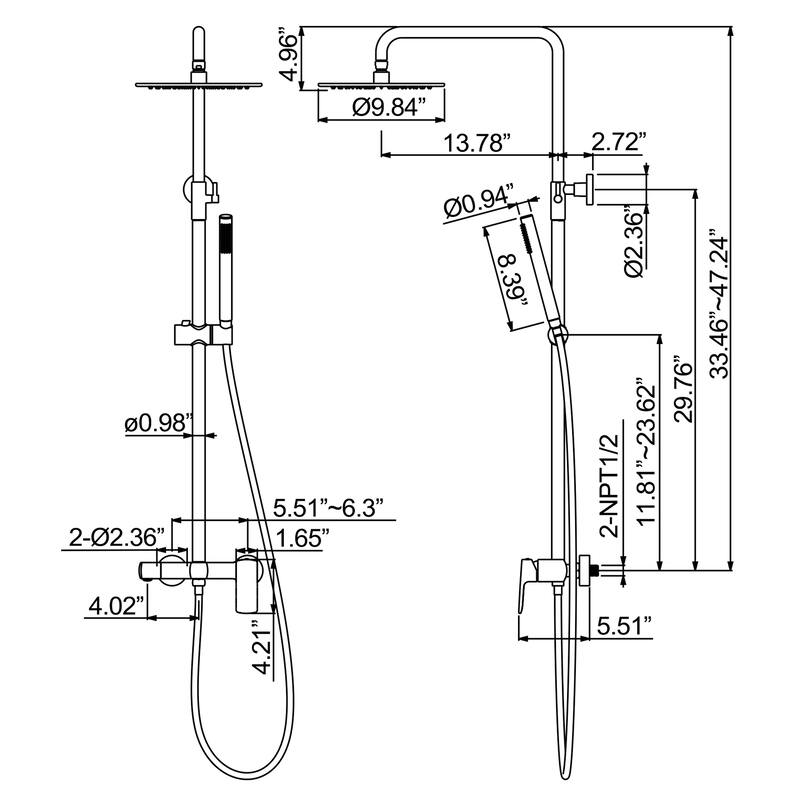 47"H Solid Brass Wall-Mounted Exposed Shower System with Tub Spout (Valve Included)