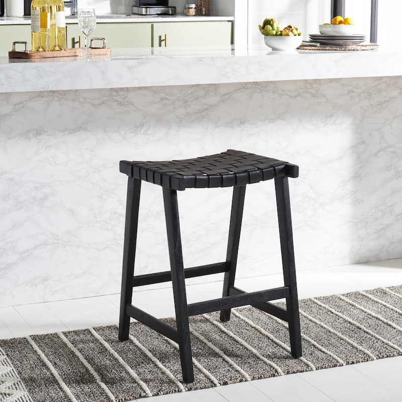 SAFAVIEH Didy 27-inch Woven Leather Rectangle Counter Stool - 19" W x 19" D x 27" H - 19Wx19Dx27H - Black