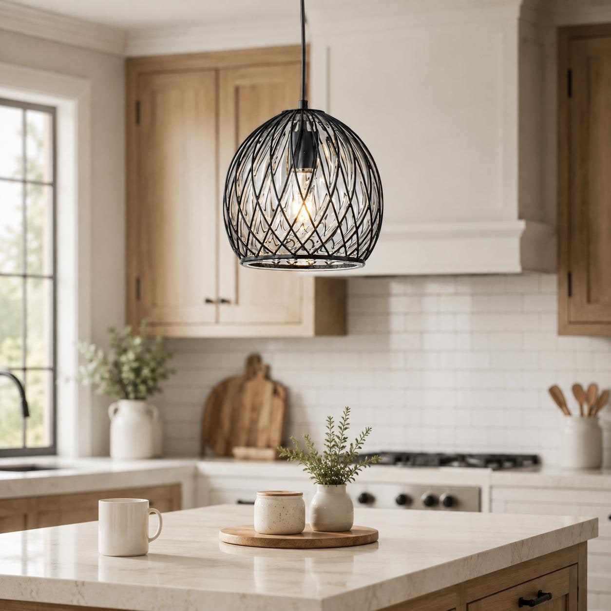 Modern Matte Black Pendant Light with Globe Glass & Wire Cage Kitchen - Dia.8.66-in