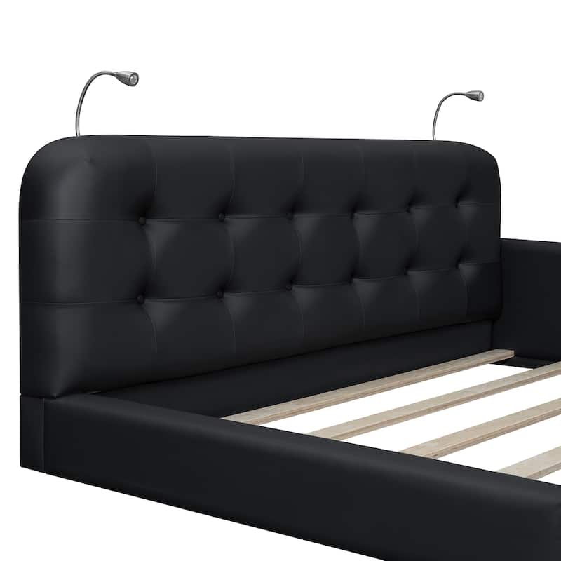 Queen Size Upholstered Platform Bed with 2 Reading Lights, Premium PU Leather Floor Bed Frame with Wooden Slats Support