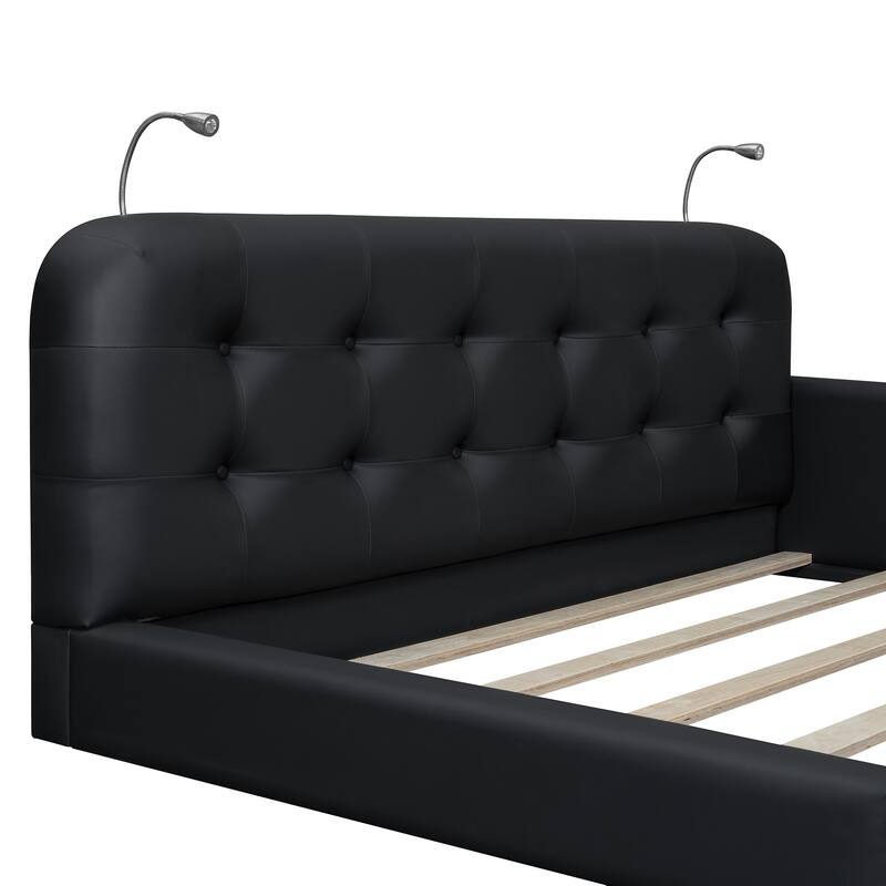 Queen Size Upholstered Platform Bed with Built-in Reading Lights