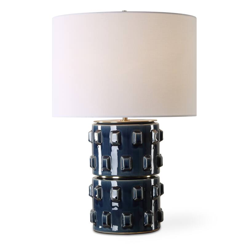 Strick & Bolton Blue Ceramic Table Lamp with Textured Design and Linen Shade - 15 x in x 15 x in 23