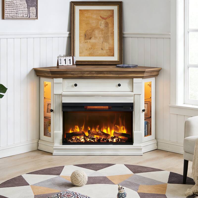 Farmhouse 3-Sided Fireplace TV Stand for 65" TV, Entertainment Center - Antique White