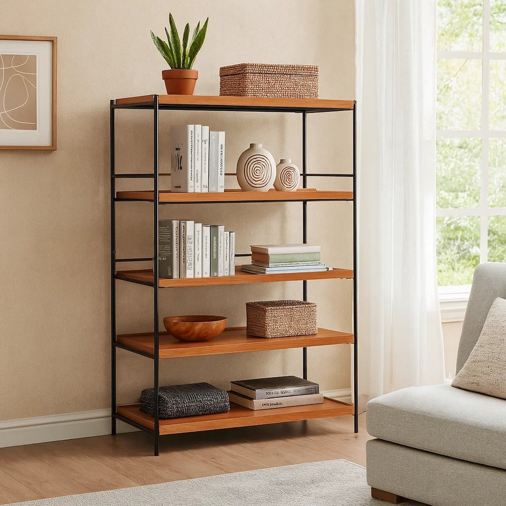 5 Tier Wooden Bookshelf with Open Metal Frame, Oak Brown and Black