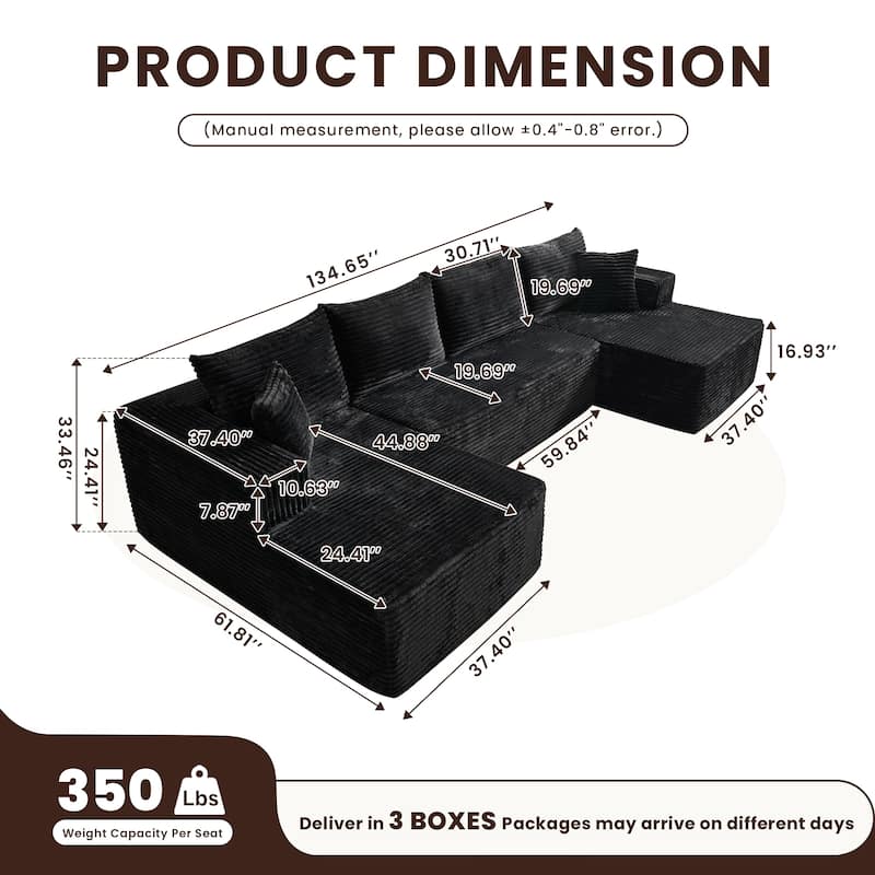 HOOOWOOO Modern Push Corduroy Fabric Sectional Sofa Couch with Pillows