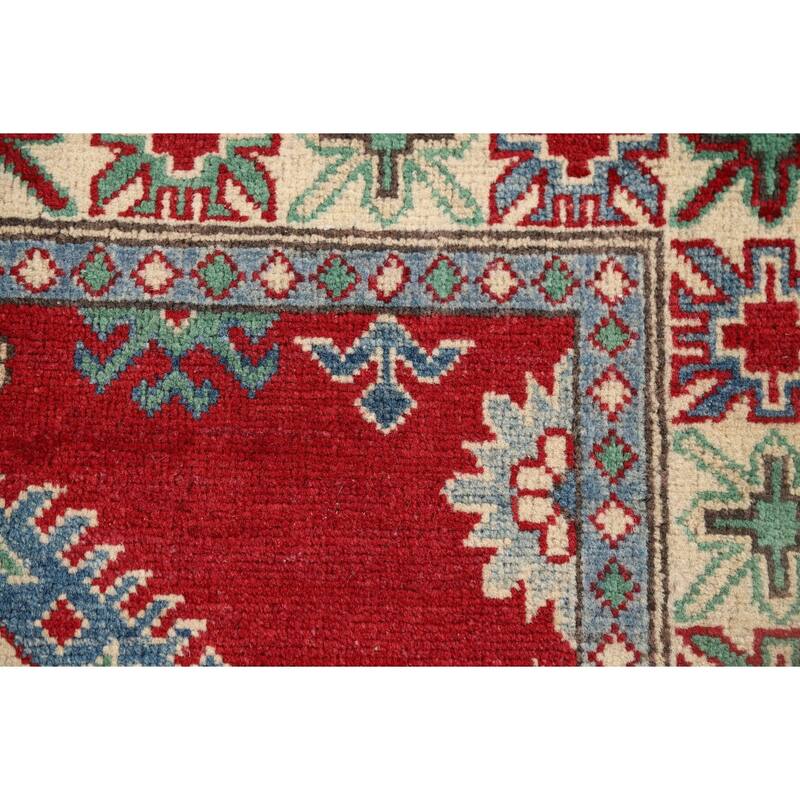 Red Kazak Oriental Accent Rug Hand-Knotted Geometric Wool Carpet - 3'4" x 4'11"