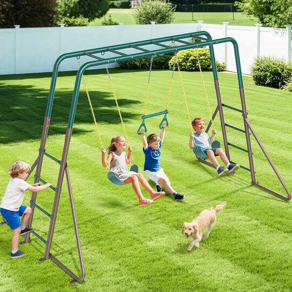 Hapfan Heavy Duty Metal Swing Sets with Monkey Bars, 2 Belt Swings