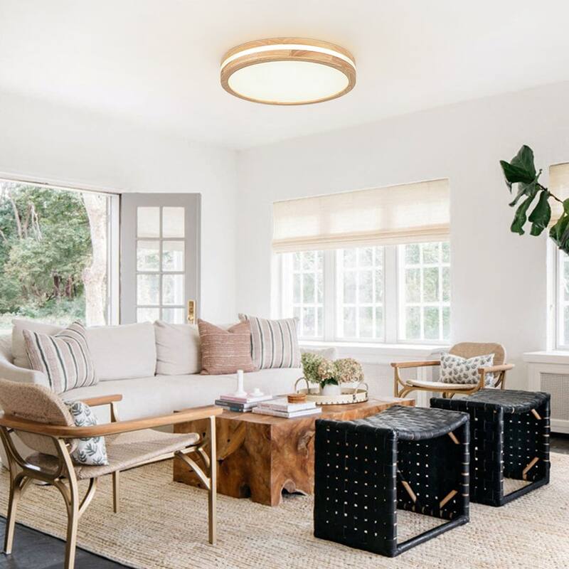 Coastal-style Circular Nested Halo Wood Dimmable LED Flush Mount - 15.7 in