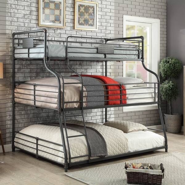 slide 2 of 9, Syd Industrial Black Metal Triple Decker Bunk Bed by Furniture of America Antique Black