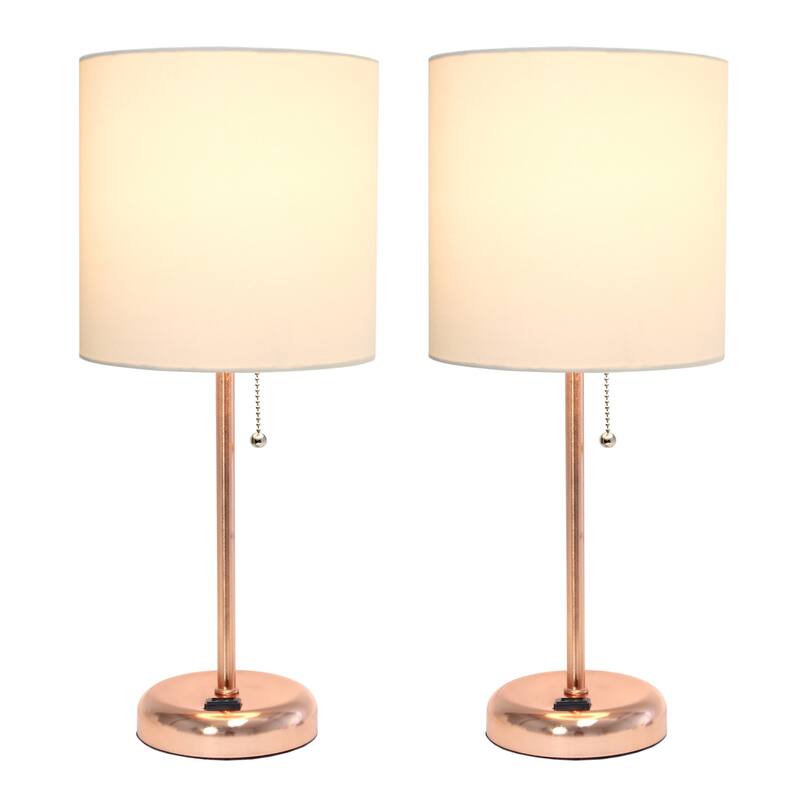 Stick Table Lamps with Drum Shade - 19.5" - Rose Gold and White - Set of 2