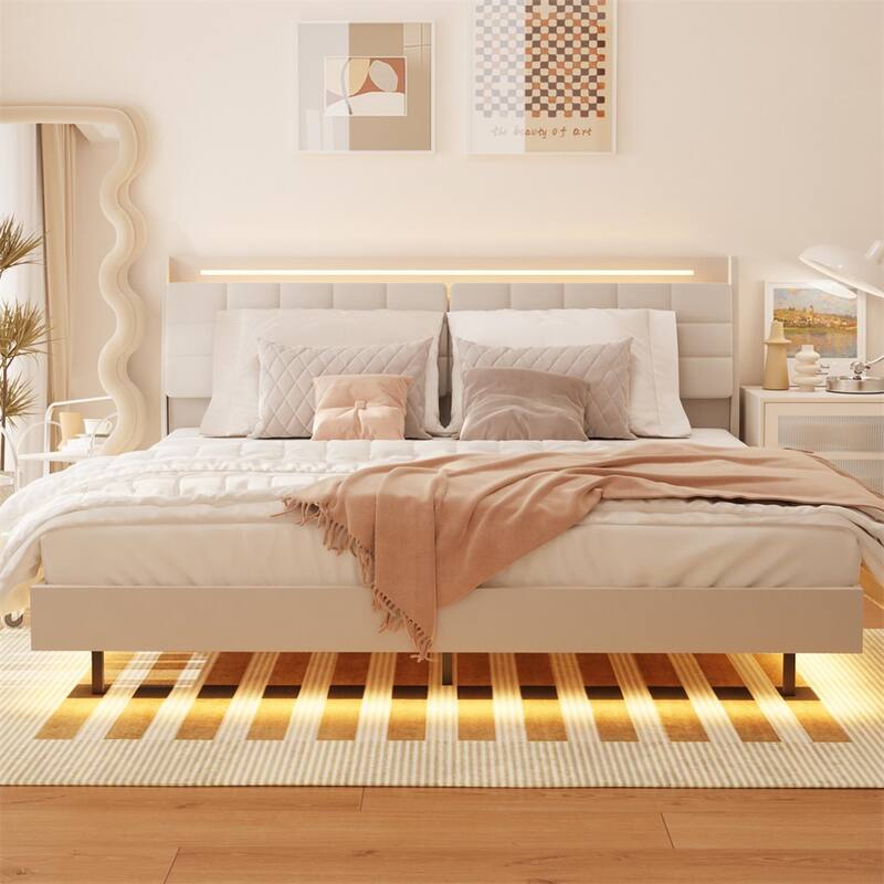 King Size LED Upholstered Platform Bed w/ Headboard & Charging Station