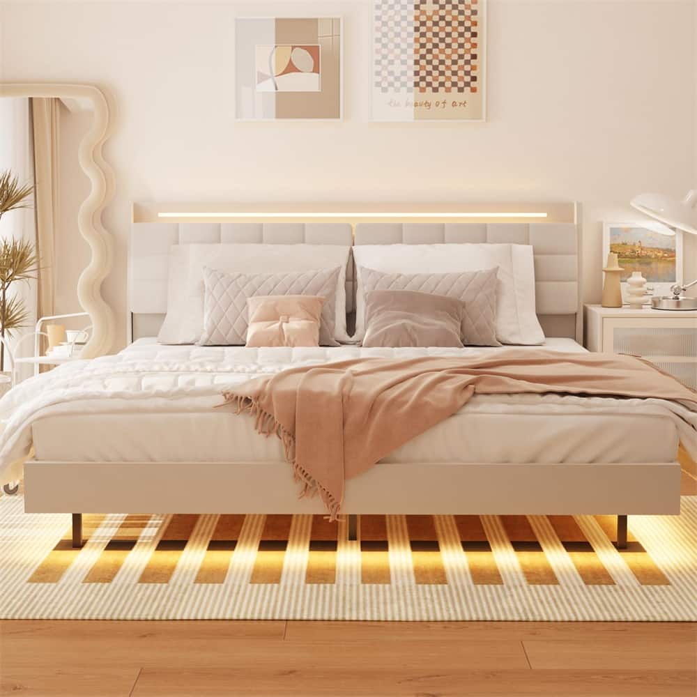 King Size LED Upholstered Platform Bed w/ Headboard & Charging Station