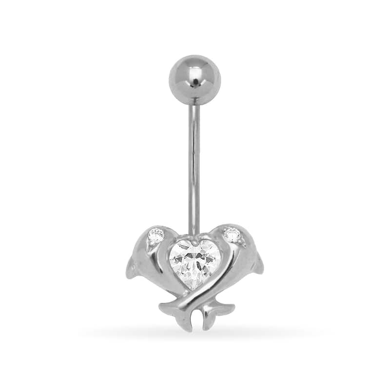 14k Gold 14-Gauge Cubic Zirconia Kissing Dolphins Drop Body Jewelry Belly Ring (yellow or white) - White