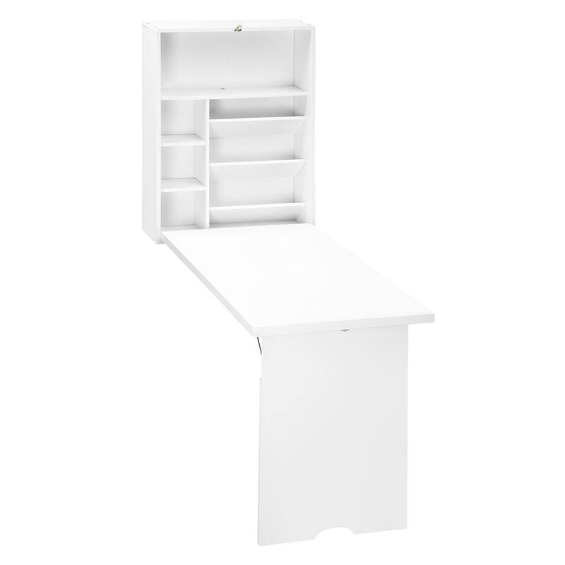Space-Saving Fold-Out Wall Desk with Multiple Storage Compartments and Adjustable Shelves for Compact Spaces - White