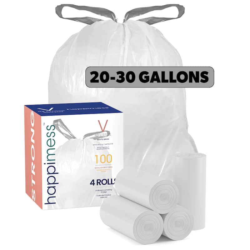 happimess 30-Gallon (114L) Drawstring Unscented Trash Can Liner, (100-Count, 4-Rolls of 25 Liners) - White - 30