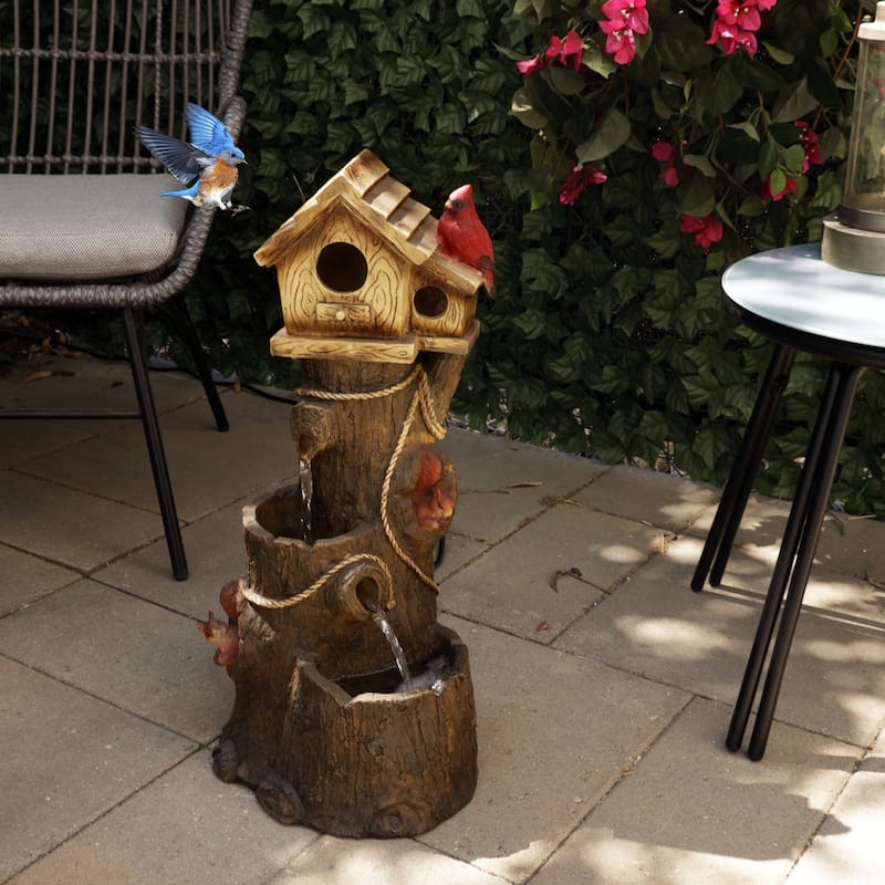 Alpine Corporation ZEN552 24" Outdoor Multitiered Tree & Cardinal Birdhouse Fountain - Rustic Water Feature for Patio & Garden
