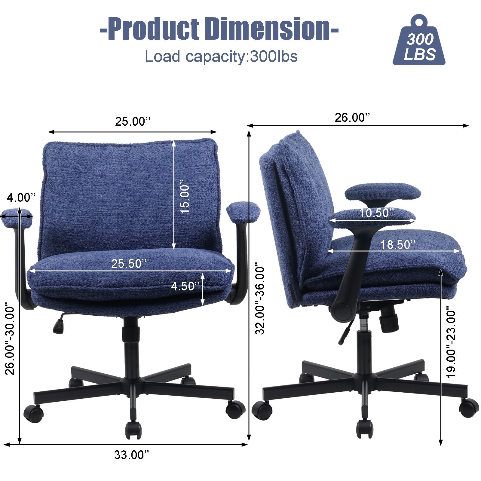 Office Chair with Criss Cross Frame, Rolling Casters & Fold-Down Arms, Upholstered Wide-Seat Desk Chair for Home Office