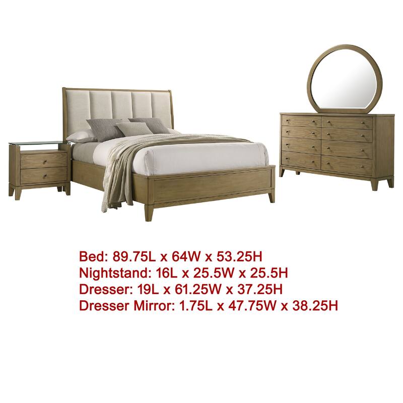 Heon 4pc Queen Bedroom Set, Beige Tufted Headboard, Natural Brown