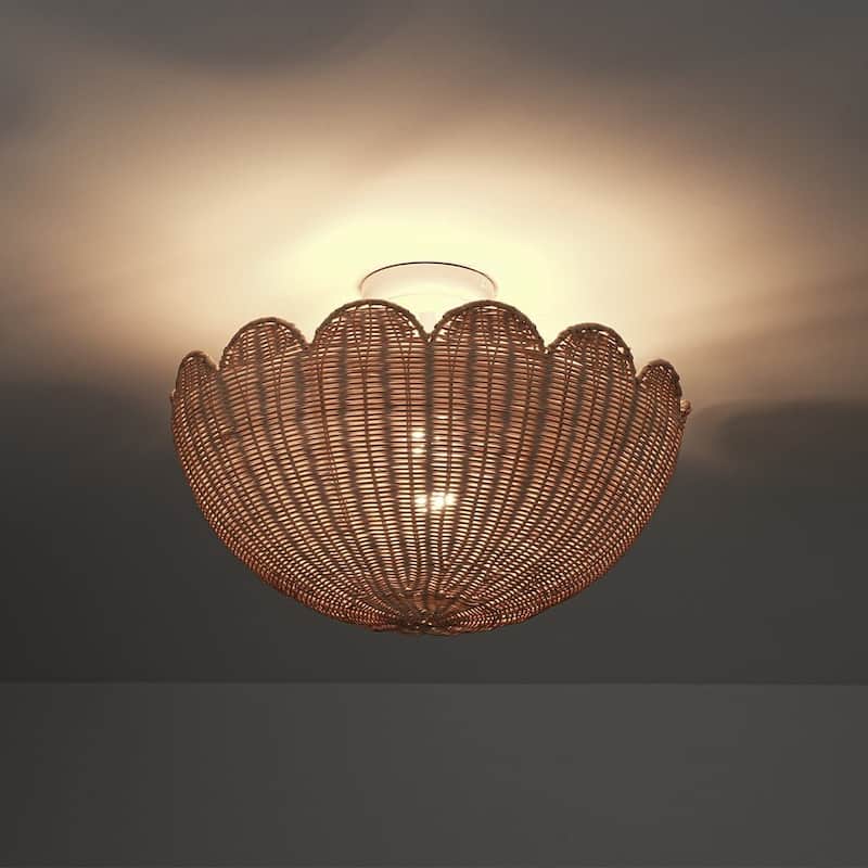 2-Light Coastal Style Scallop Rattan Semi Flush Mount - N/A