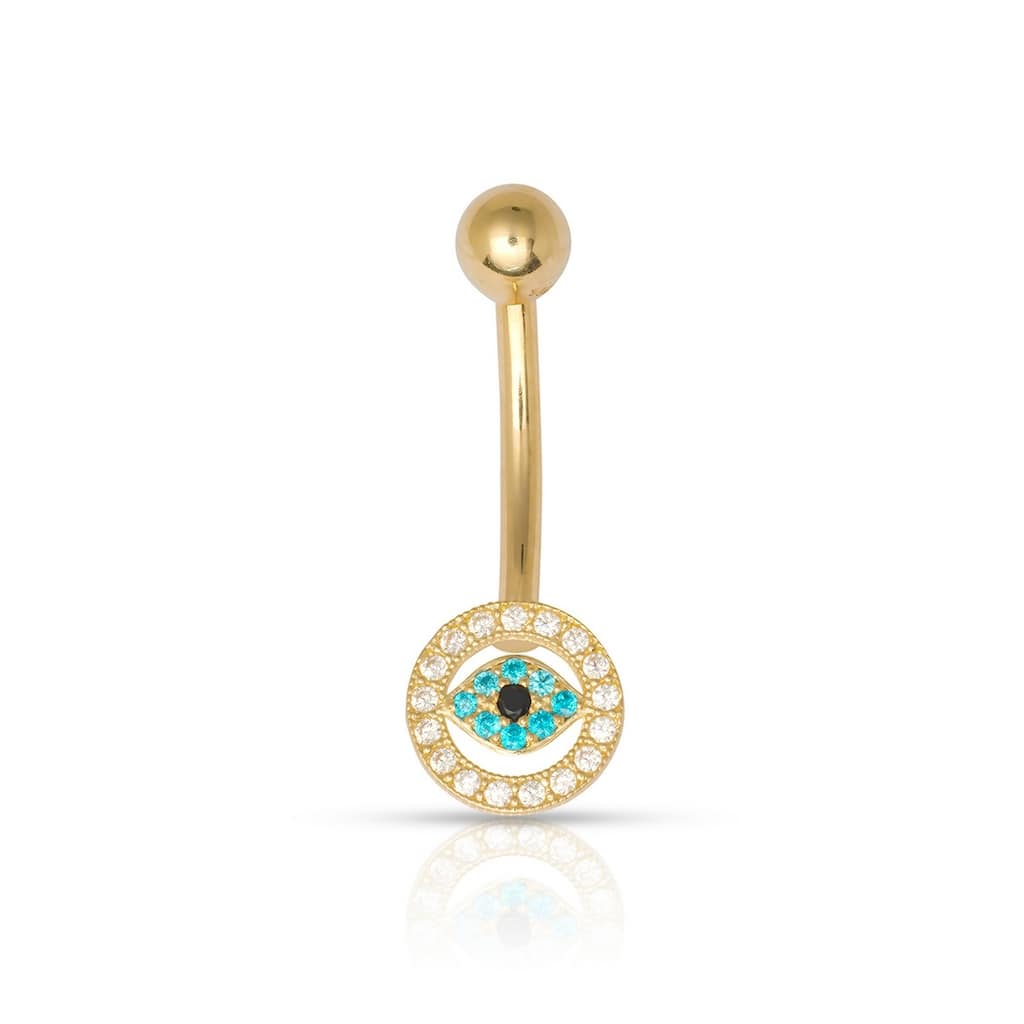 Curata Solid 10k Yellow Gold 14G Multi-Color Simulated Diamond CZ Evil-eye Belly Ring (8mm x 24mm)
