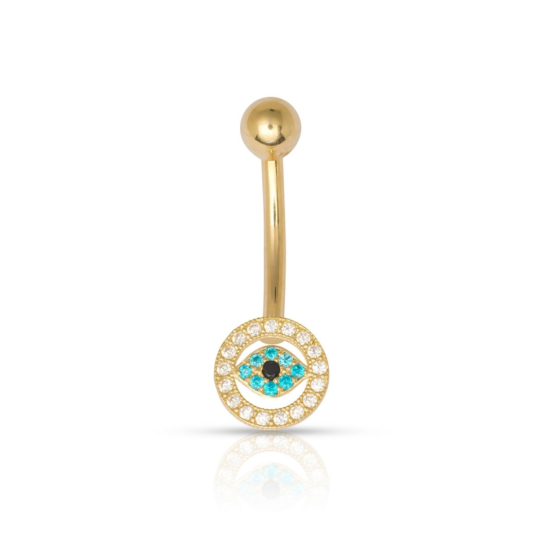 Curata 10k Yellow Gold 24x8mm 14G Multi-Color Cubic Zirconia Evil-eye Belly Ring