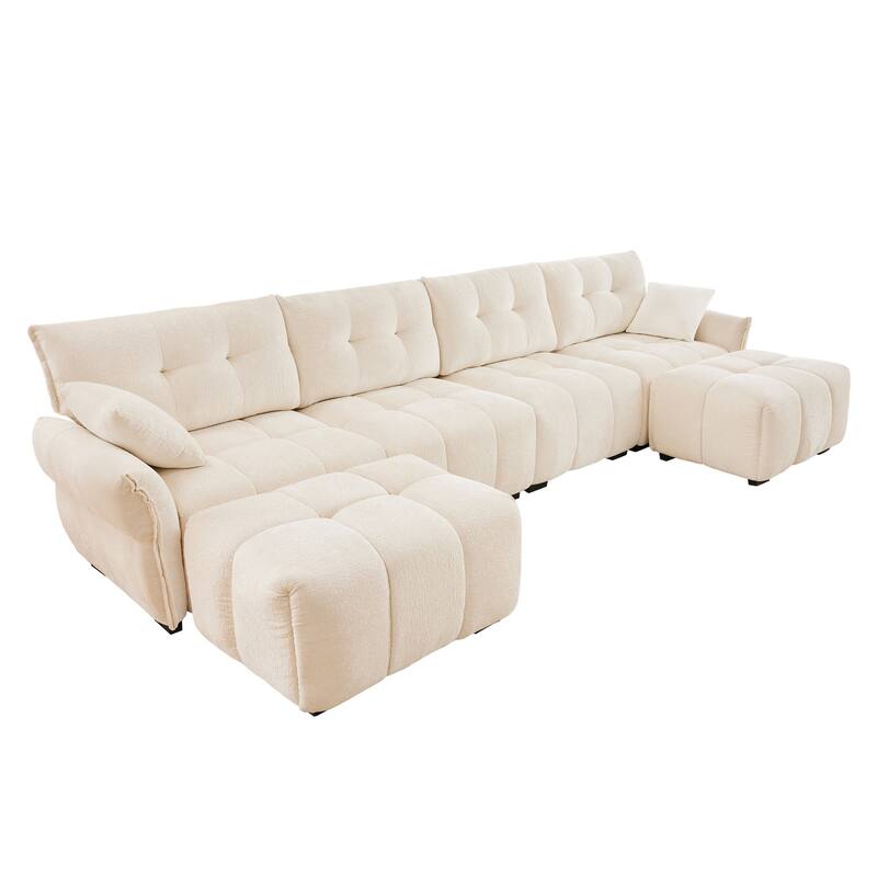 141.7" Chenille 4-Seater Sofa Set with 2 Ottomans, Solid Wood Frame and High-Resilience Cushions