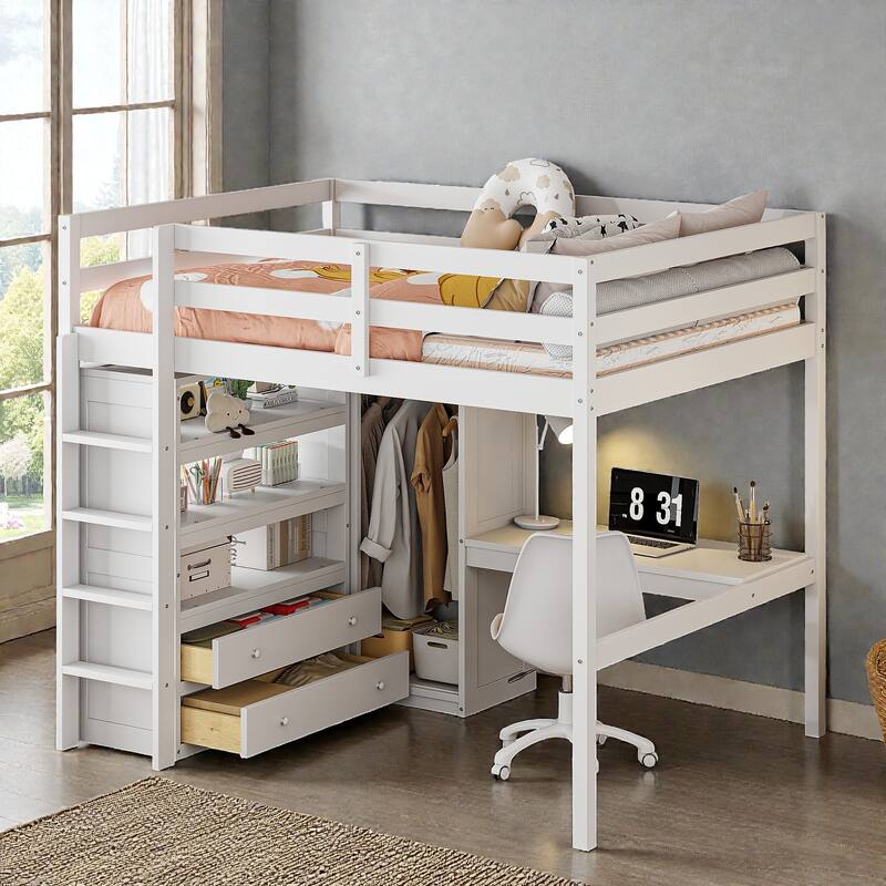 Full Size Wood Loft Bed with Wardrobe, Desk, Storage Shelves and Drawers, Space Saving Design, No Box Spring Needed
