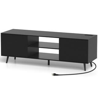 Black Wooden TV Stand with Power Outlets and 2 Side Cabinets with Doors, 5 Metal Support Legs - 53.5" x 16" x 18.5"
