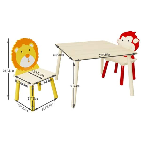 Kids Table and 2 Chairs Set, 3 Pieces Toddler Table and Chair Set, Wooden Activity Play Table Set, Lion and Monkey