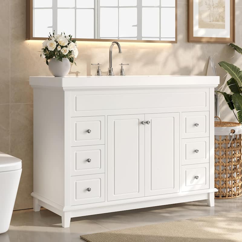 48" Bathroom Vanity-Classic- Pine Legs-Resin Sink with Soft-Close Drawers & Double Doors. - White_6 Drawers. - 48"