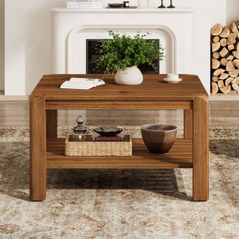 2 Tier Solid Wood Coffee Table for Living Room, Square Center Table with Storage Shelvrs - 31.50" W x 31.50" D x 20.08" H