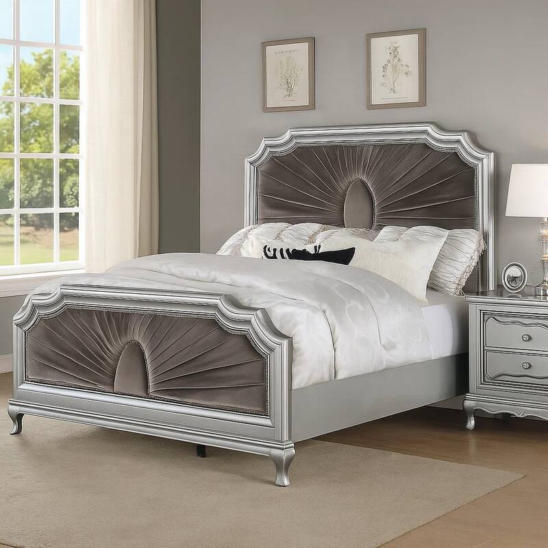 Xan King Bed, Silver Wood, Gray Pleated Velvet Upholstery