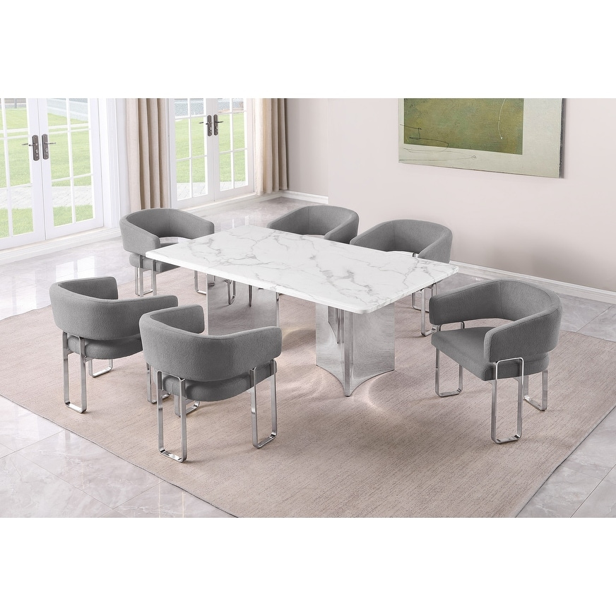 Best Quality Furniture 7pc Marble Dining Set Teddy & Leather Aire Fabric
