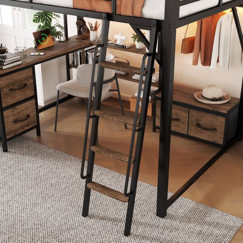 Queen/Full Loft Bed with Desk, Wardrobe & LED Lights for Teens