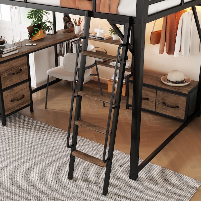 Queen Size Loft Bed with Desk and LED, Metal Loft Bed with Storage Shelves, Wardrobe and Storage Drawers for Boys Girls