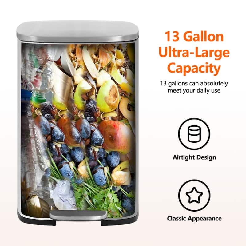 13 Gallon 50 Liter Stainless Steel Step Trash Can with Removable Inner Bucket by Furniture of America